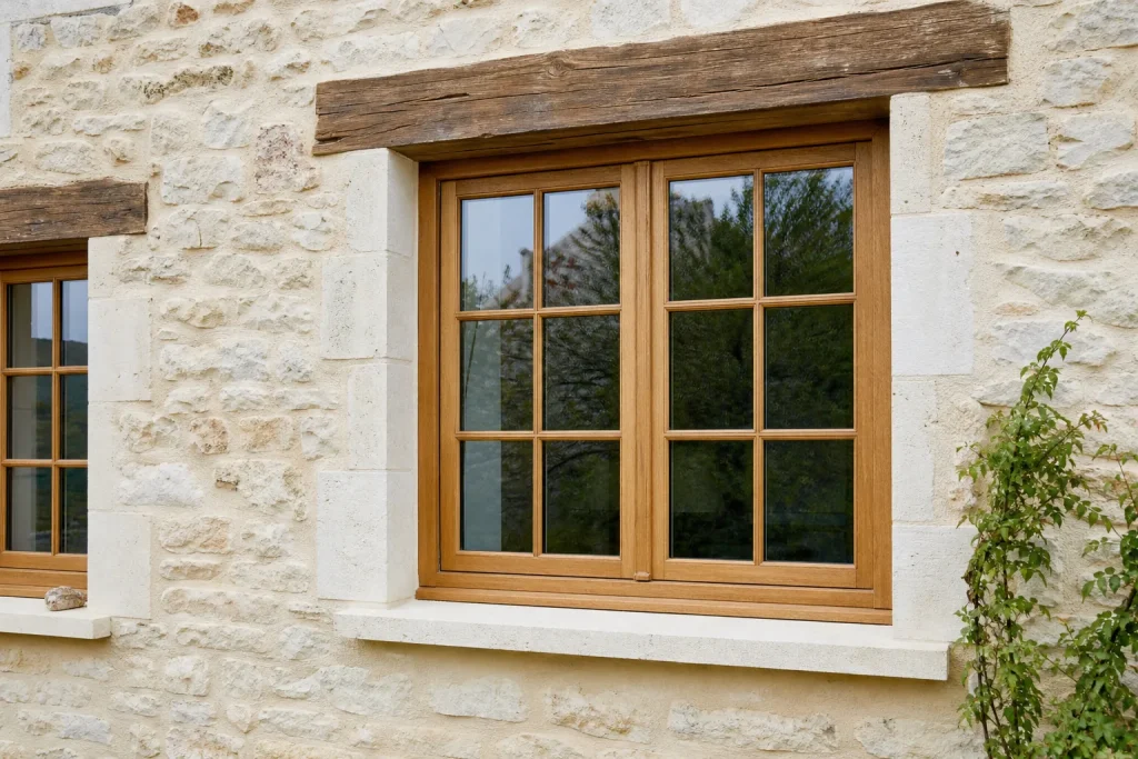 Fenêtre en bois à petits carreaux sur une maison en pierre