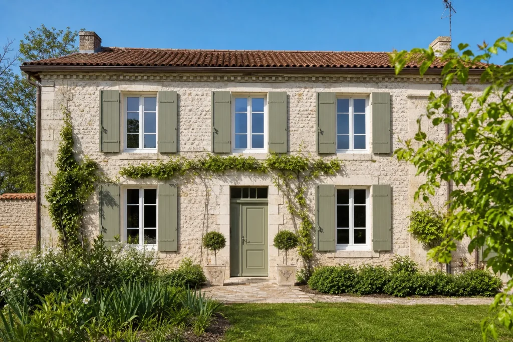 Maison rénovée avec fenêtres, porte d’entrée et volets assortis