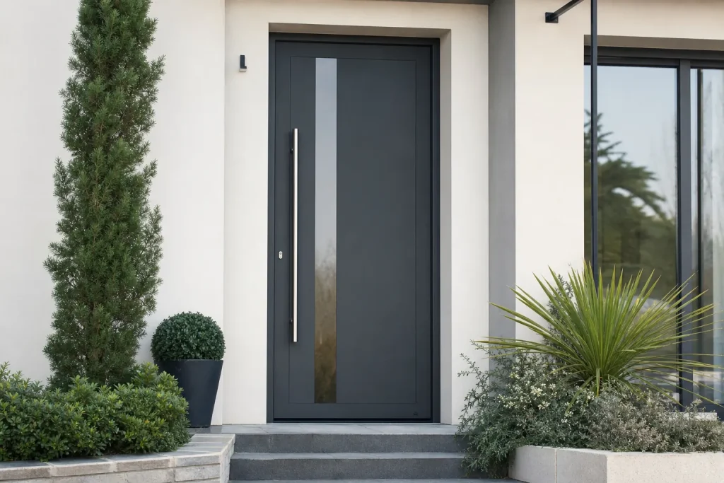 Porte d’entrée en aluminium gris anthracite moderne