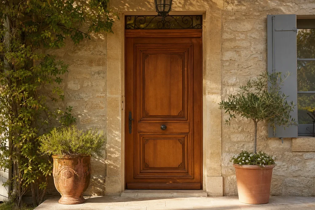 Porte d’entrée en bois massif sur une maison en pierre