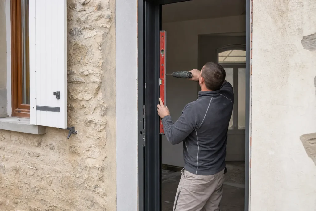 Poseur installant une porte d’entrée neuve