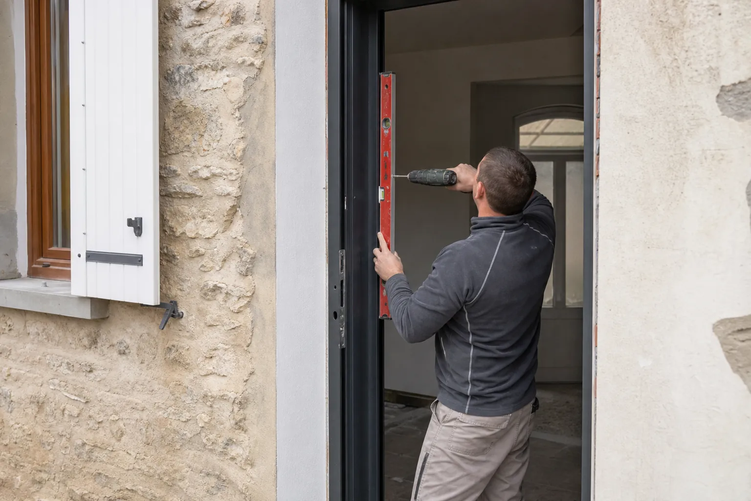 Poseur installant une porte d’entrée neuve