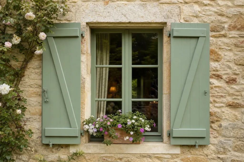 Volets battants en bois peints en vert sur une maison en pierre
