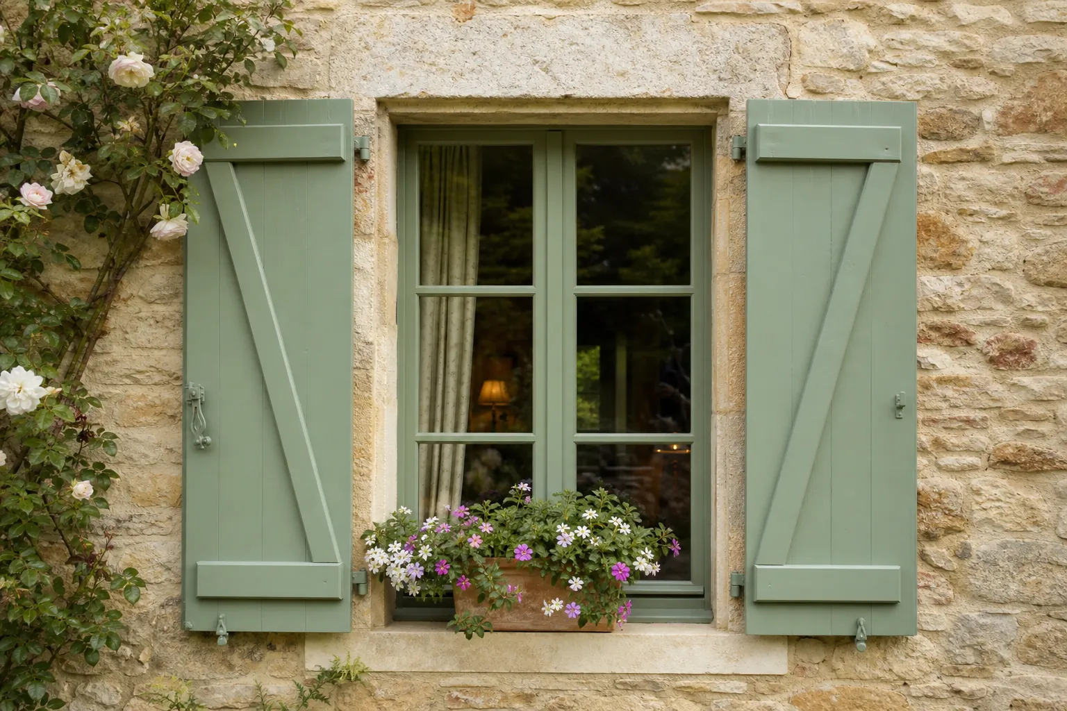 Volets battants en bois peints en vert sur une maison en pierre