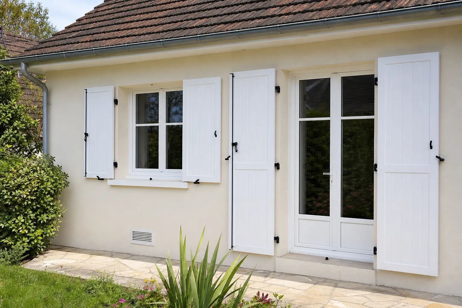 Volets battants PVC blancs sur une maison rénovée