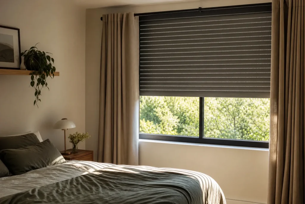Chambre avec volet roulant à demi fermé