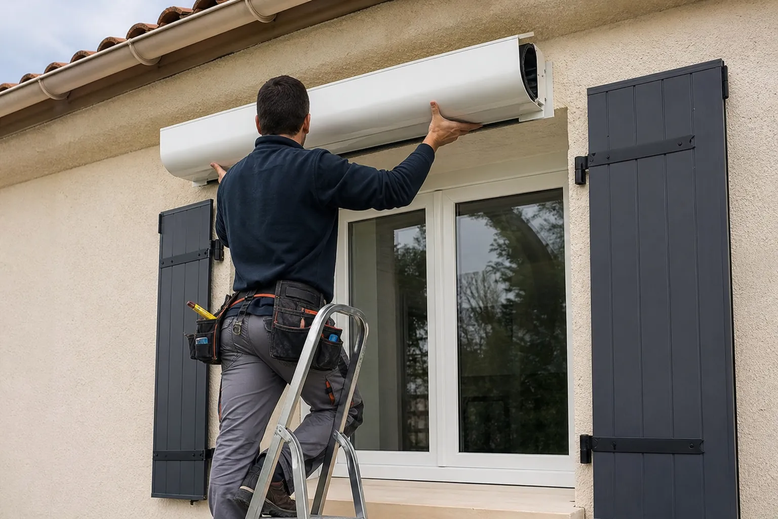 Installateur posant le coffre d’un volet roulant